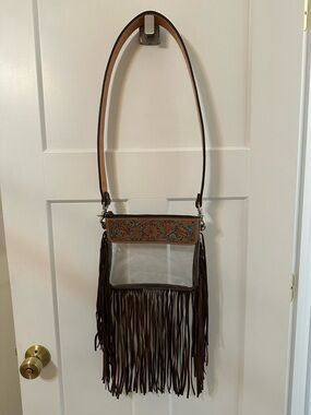 Clear Fringe Bag with Tooled Leather Trim & Alamo saddles leather strap
